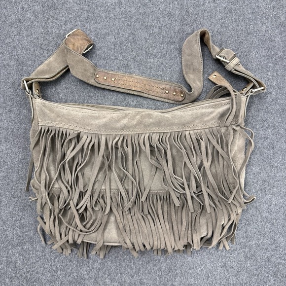 GAP 100% Cow Suede Fringe Hobo Shoulder Bag Boho Western Taupe - Picture 12 of 13